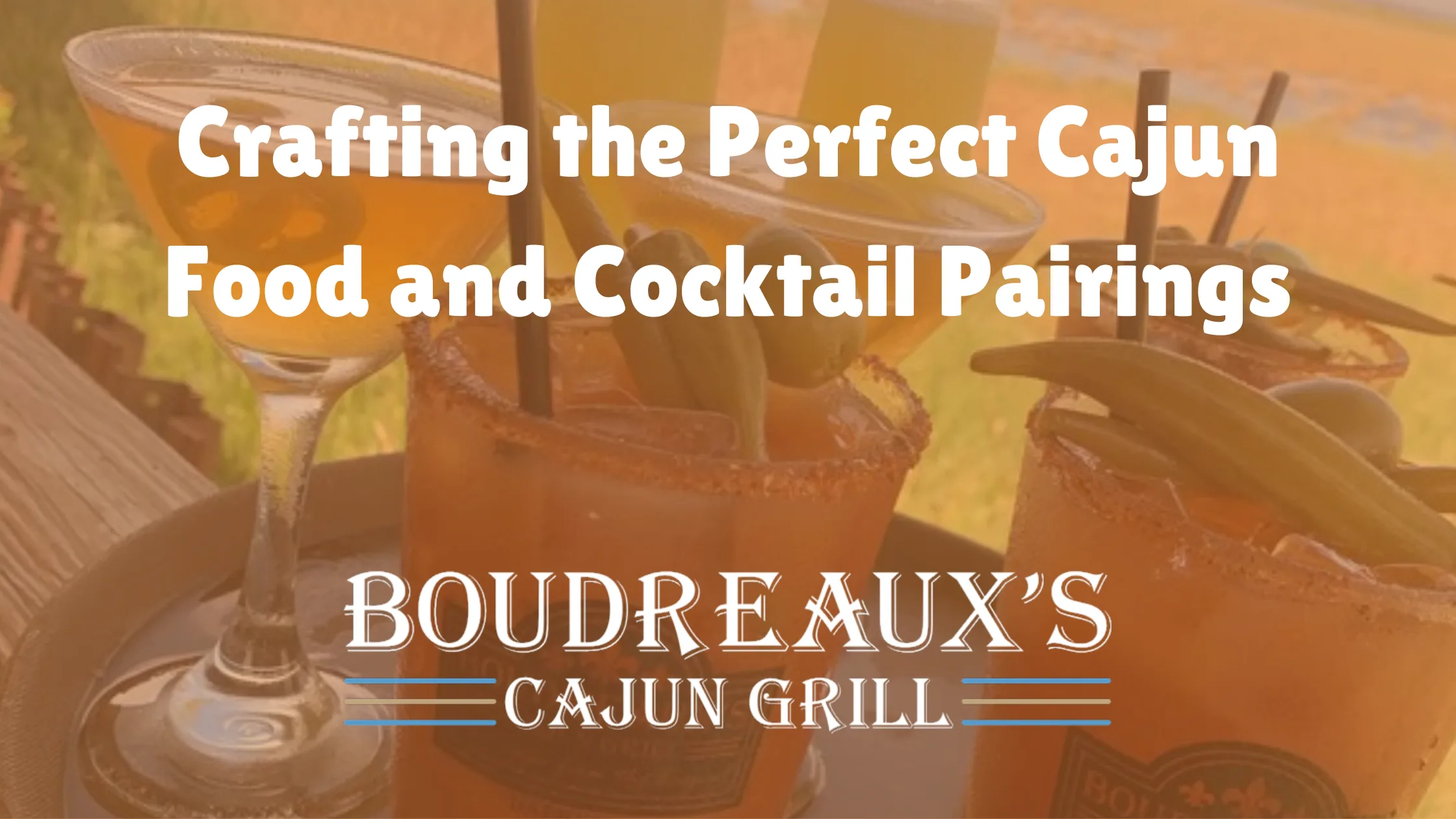 Cocktails on a tray overlooking Mobile Bay at Boudreauxs Cajun Grill in Daphne